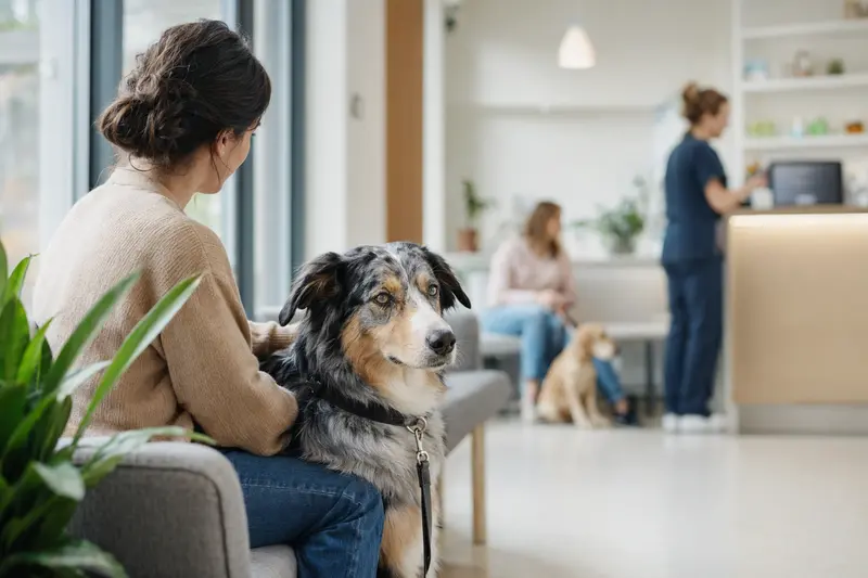 Ein Atlas Sheepdog Hund sitzt ruhig neben seinem Besitzer im hellen Wartezimmer einer modernen Tierarztpraxis.